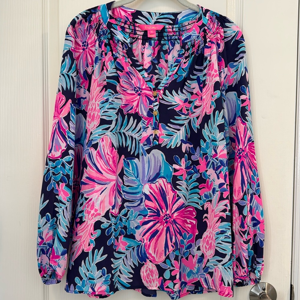 Lilly Pulitzer Elsa Top Multi Garden Get Away 100% Silk Blouse Size Small EUC